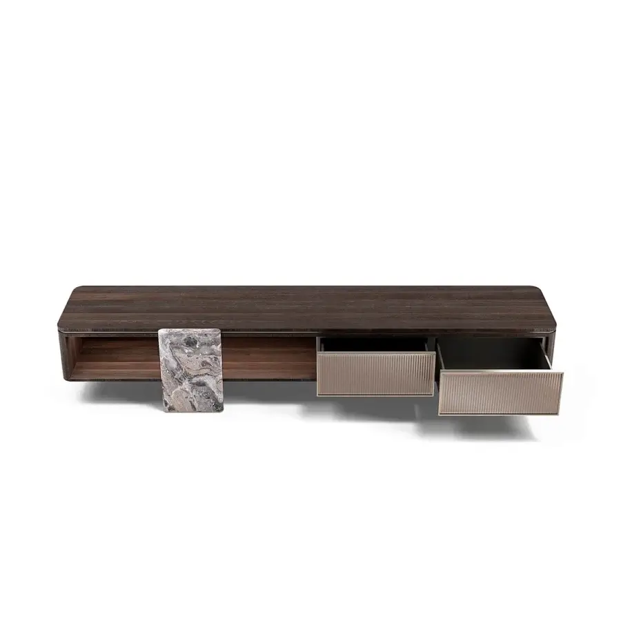 Distinguished Capital Aurelia TV stand crafted in dark brown wood essence with bronzed glass and marble legs, finished with a satin sheen
