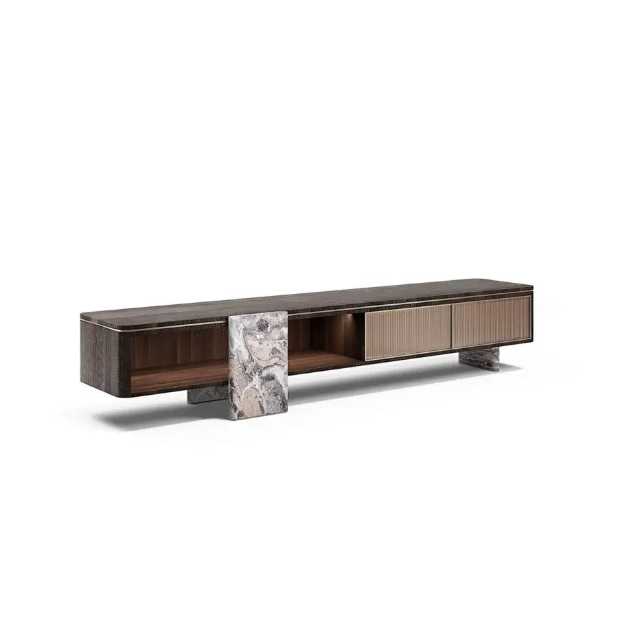 Exclusive Capital Aurelia TV stand crafted in dark wood essence with bronzed glass and gold-beige ribbed panel, matte finish