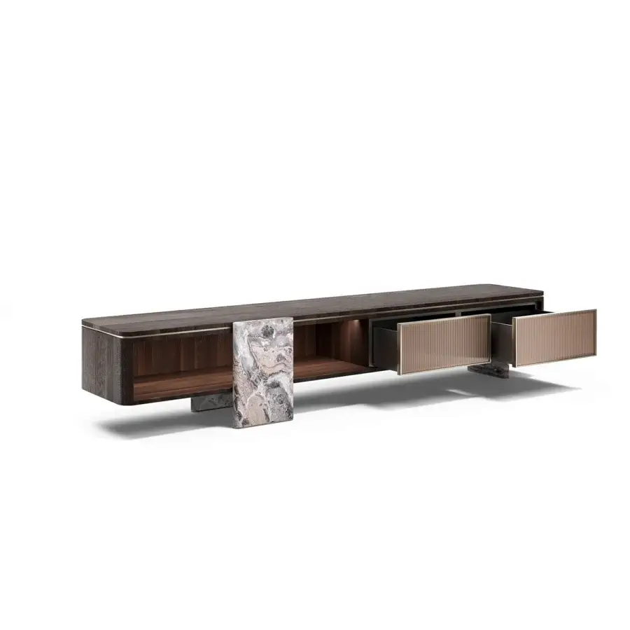 Superior Capital Aurelia TV stand built in wood essence with marble legs, bronzed glass and metallic detailing in a matte finish