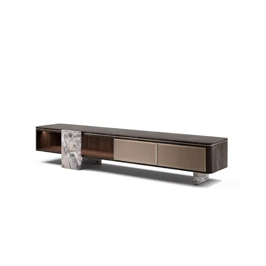 Elegant Capital Aurelia TV stand crafted in wood essence with bronzed glass-fronted drawers and satin finish marble legs