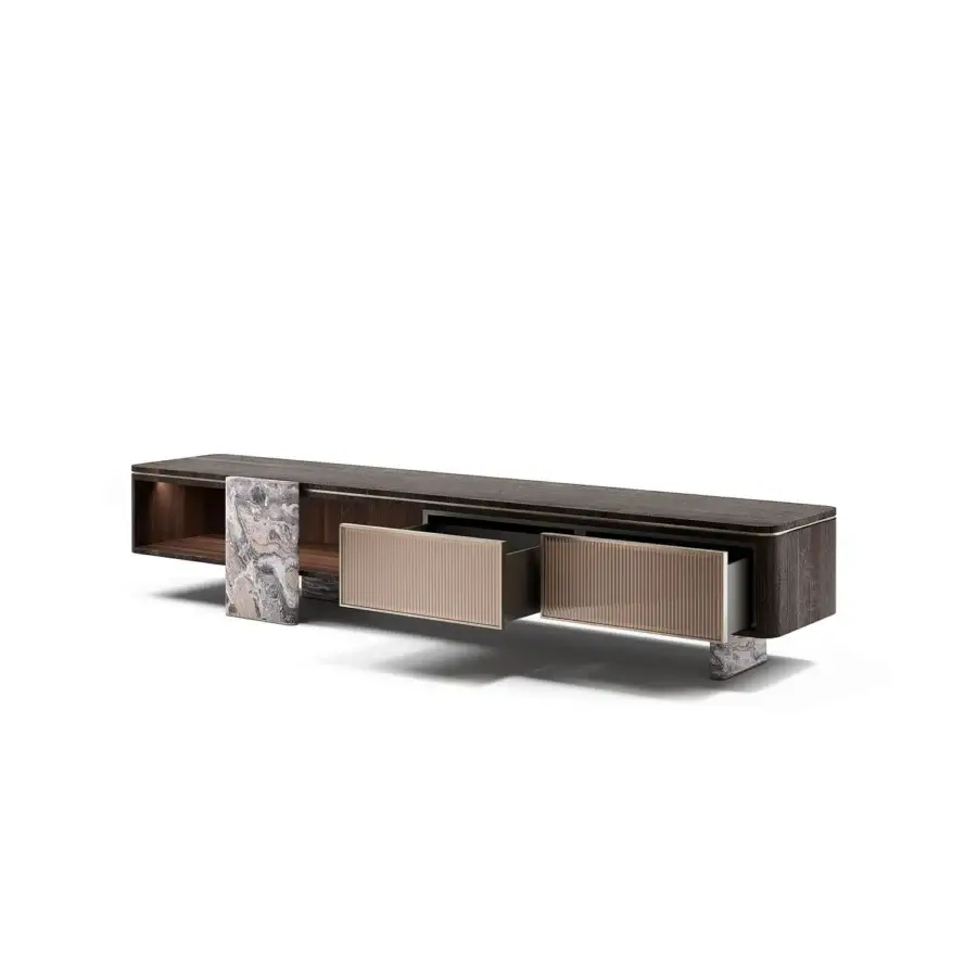 Distinguished Capital Aurelia TV stand built in dark brown wood essence with satin sheen, bronzed glass drawer fronts and striking marble legs