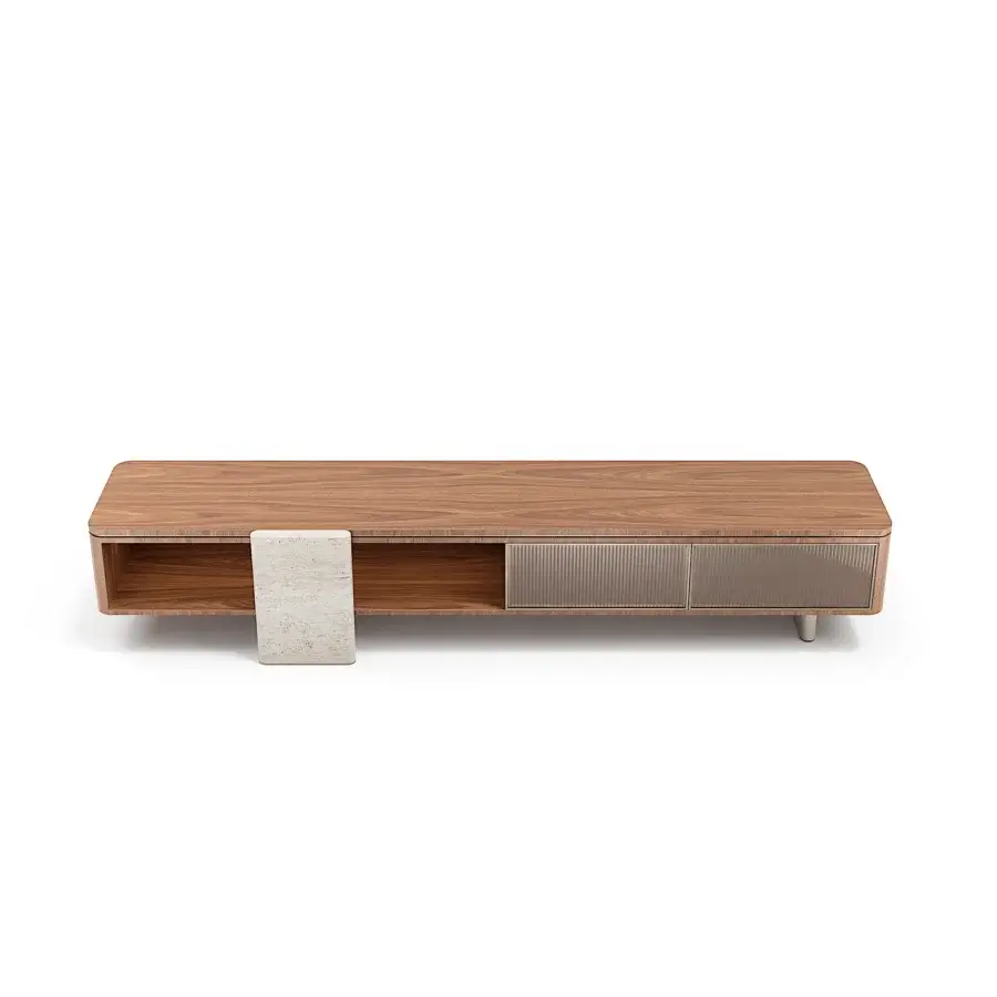 Exceptional Capital Aurelia TV stand built in wood essence with bronzed glass drawer fronts and striking marble legs with satin finish