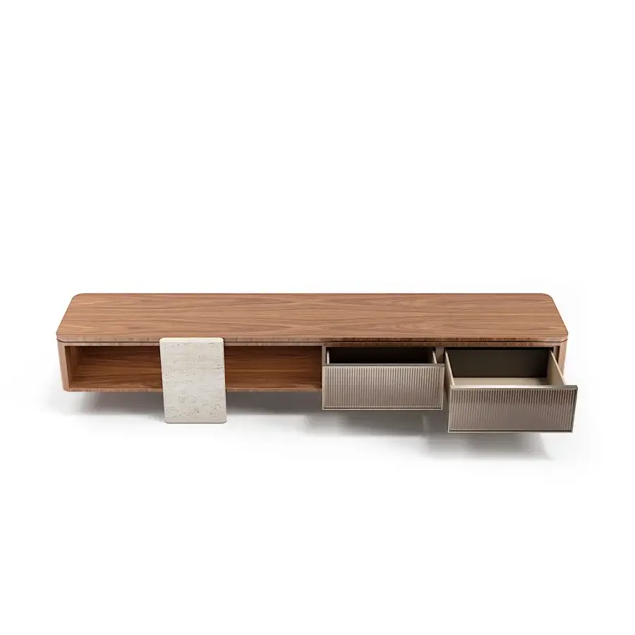 Luxury Capital Aurelia TV stand built in wood essence with bronzed glass-fronted drawers and a satin vertical marble panel