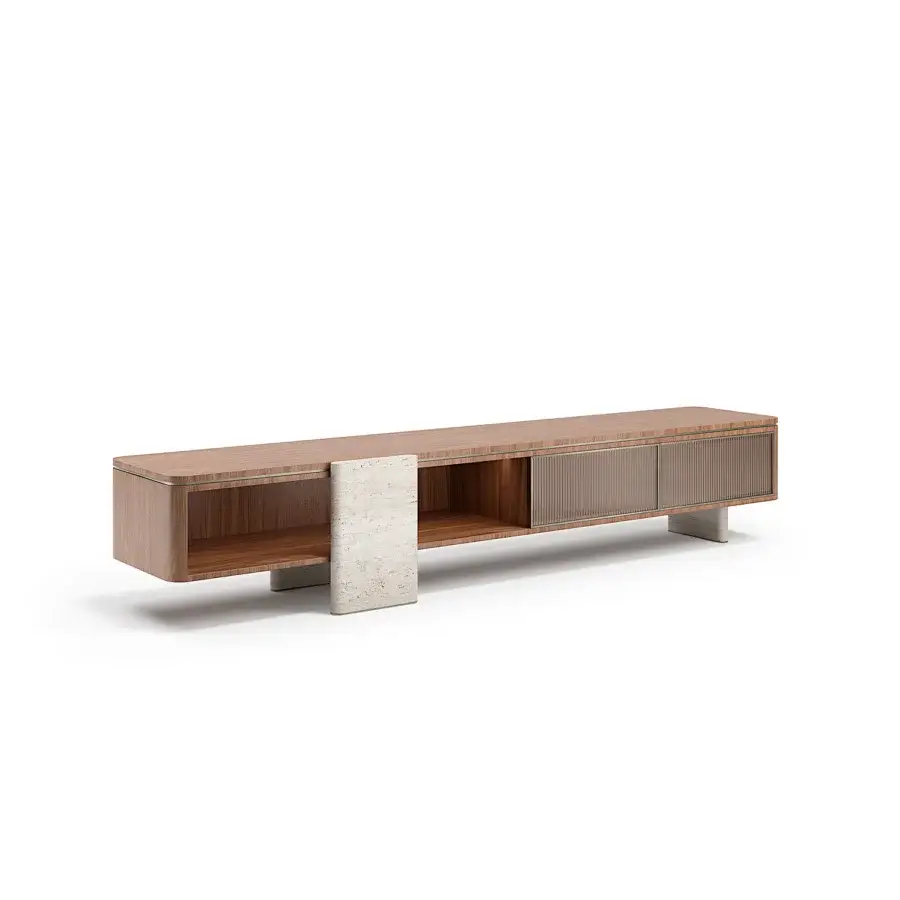 Distinguished Capital Aurelia TV stand crafted in wood essence with marble legs and bronzed glass-fronted drawers with a satin finish