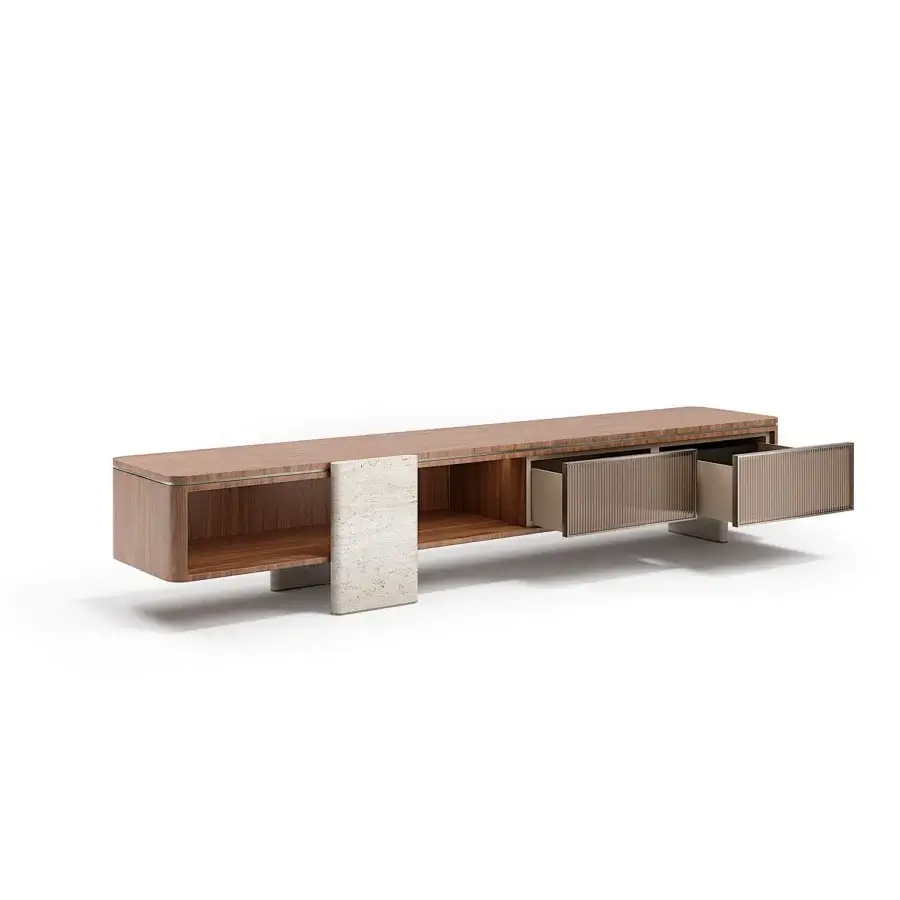 Exceptional Capital Aurelia TV stand crafted in wood essence with marble legs, bronzed glass drawers and satin finish