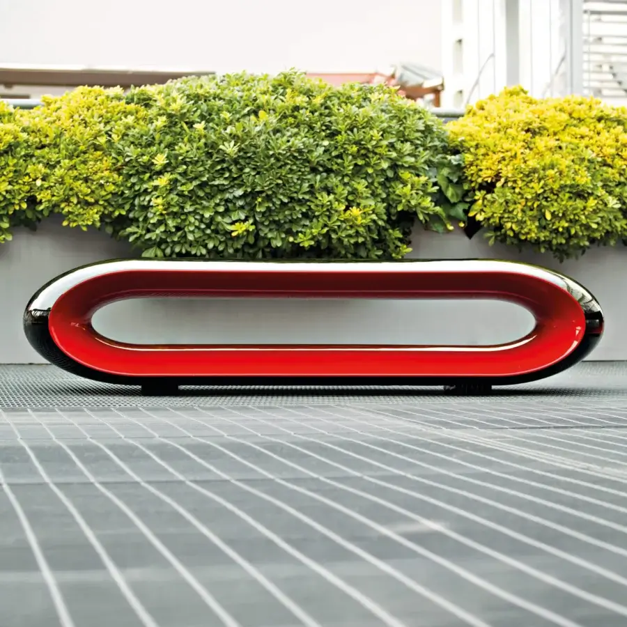 Exceptional Serralunga Loop Bench molded from durable LLDPE with a lacquered finish in red, white and dark gray