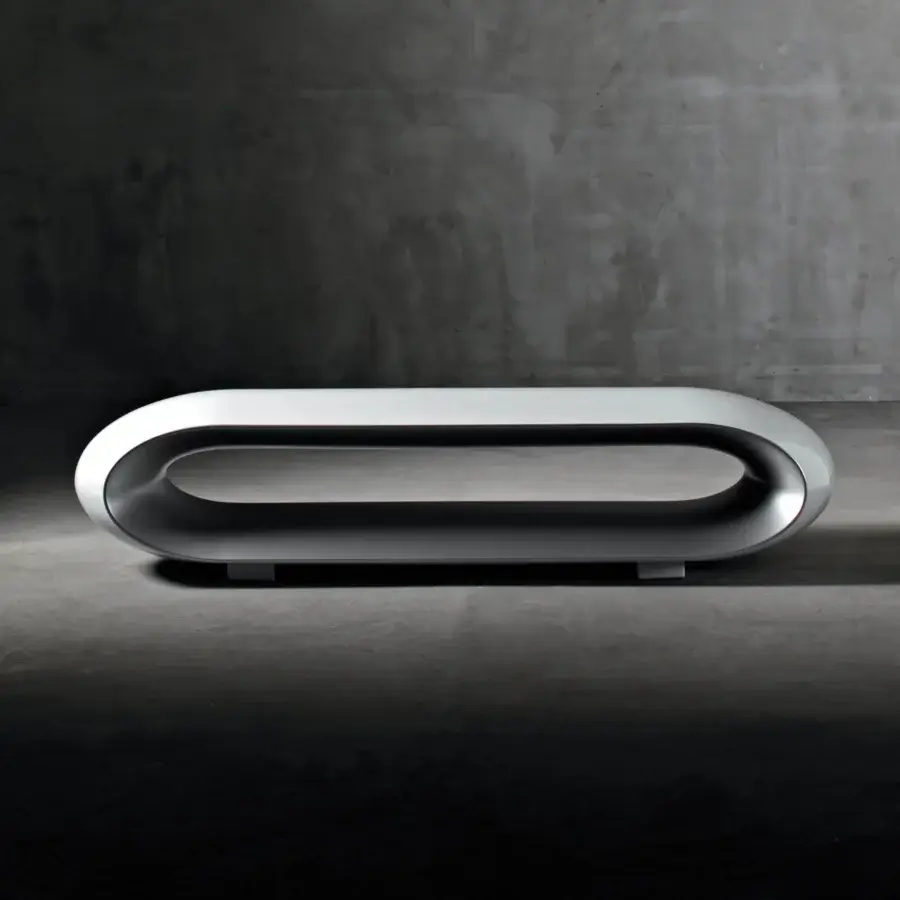 Elegant Serralunga Loop Bench molded from durable LLDPE with a silvery-white frame and lacquered light gray finish
