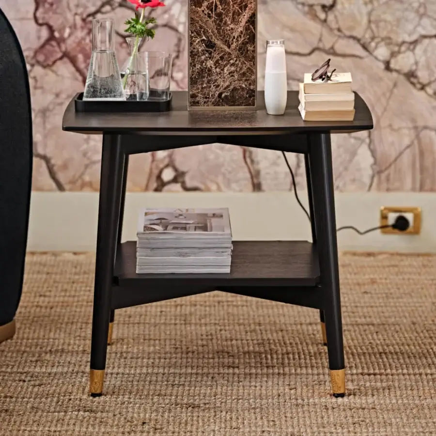 Refined Black Tie Alfio nightstand crafted in wood with satin finish and gold-toned feet presents a contemporary sculptural form