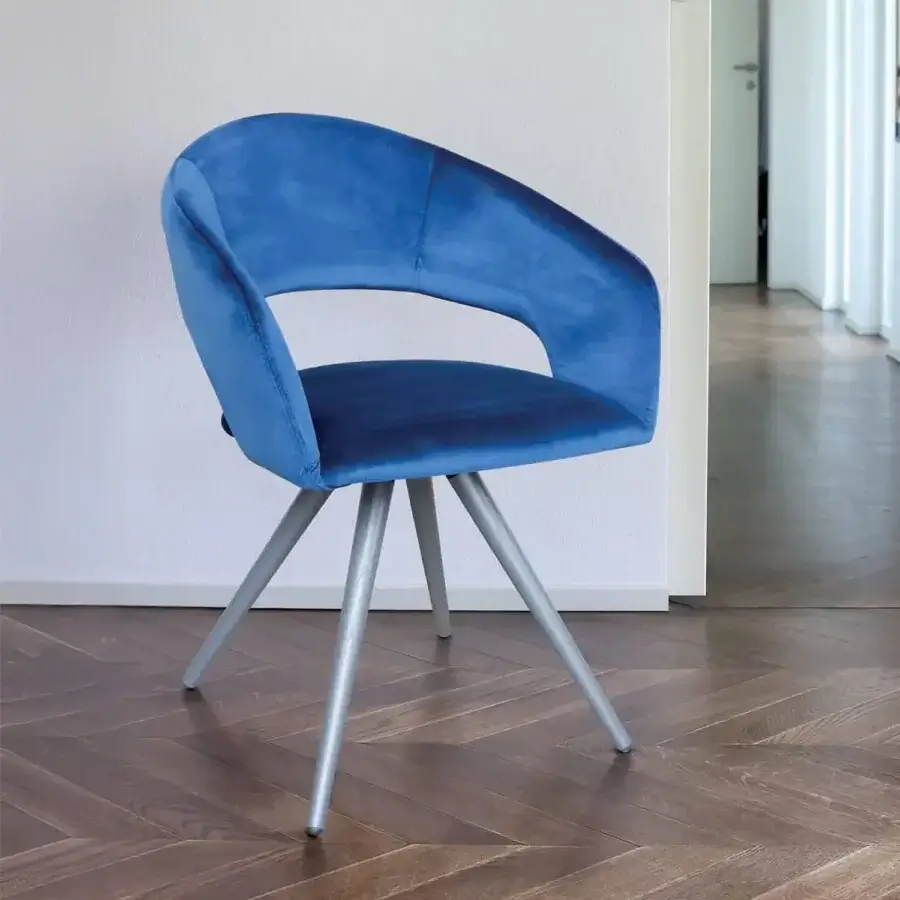 Elegant Ivano Antonello Italia Arena armchair with saturated blue velvet upholstery and satin-finish aluminum legs