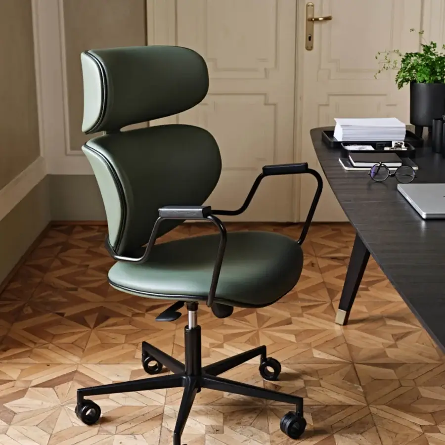 Elegant Black Tie Asia Office chair with dark olive green textured textile and sleek black metal base