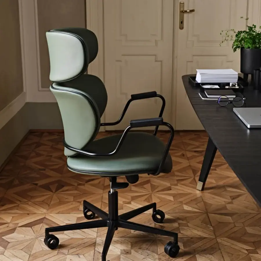 Superior Black Tie Asia Office chair with muted olive-green textile and dark matte metal frame for personalized comfort