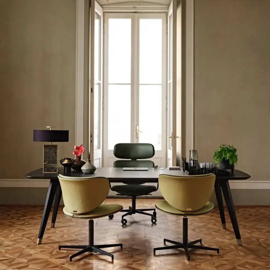 Elegant Black Tie Asia Office chair with molded synthetic shell in muted olive green and matte finish with black metal base