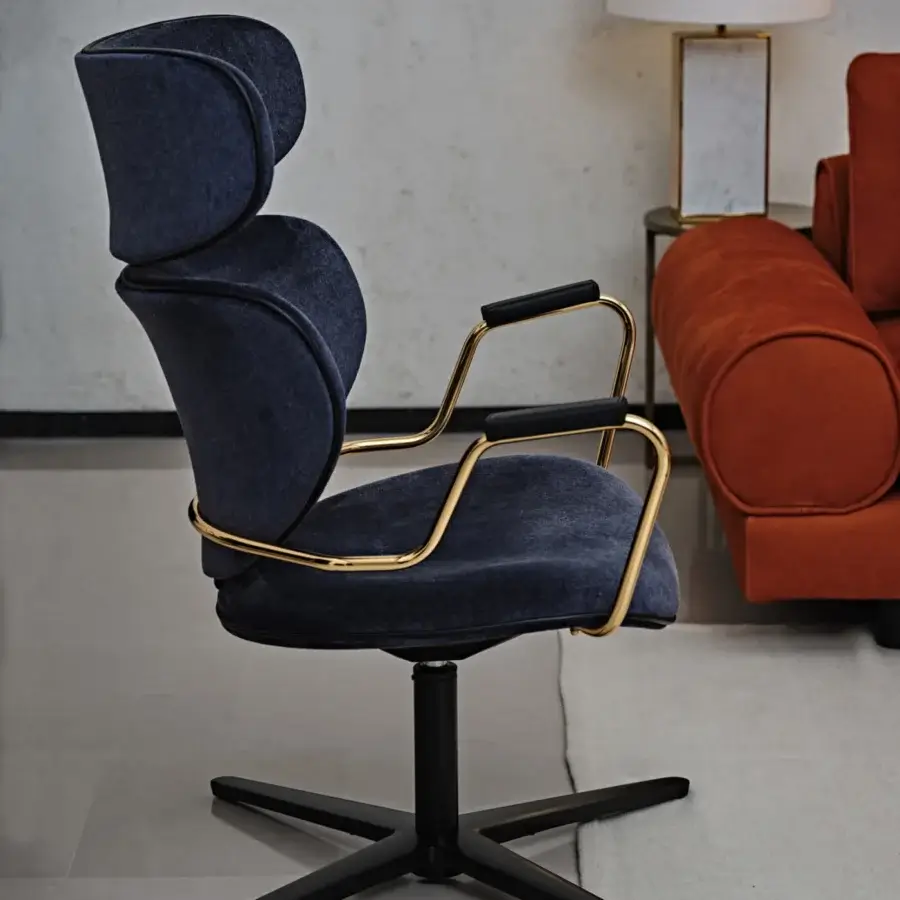 Superior Black Tie Asia swivel lounge chair crafted in textured velvet with a golden metal finish