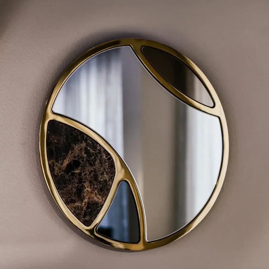 Refined Black Tie Delta mirrors crafted in Italy with Emperador marble and glossy golden metal frame