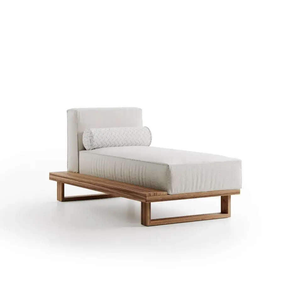 Lavish Atmosphera 9.Zero chaise lounge built in solid Asian Teak with neutral beige textile and smooth satin finish