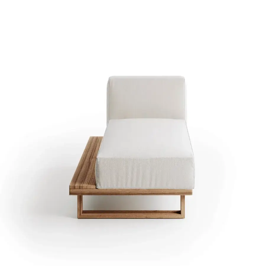 Exceptional Atmosphera 9.Zero chaise lounge crafted in solid Asian Teak with neutral beige textile and satin finish