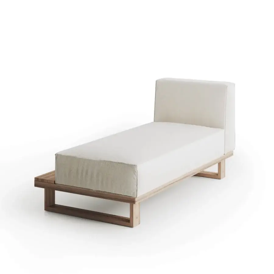Distinguished Atmosphera 9.Zero chaise lounge built in solid Asian Teak with satin finish and subtly textured fabric cushioning