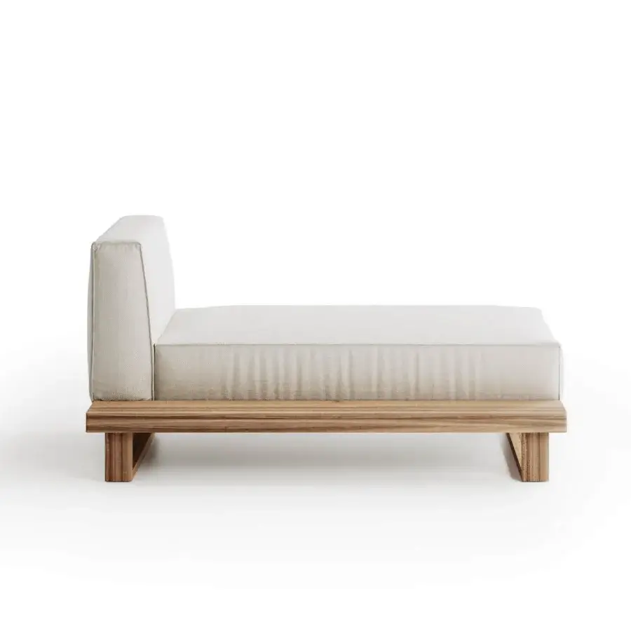 Superior Atmosphera 9.Zero chaise lounge built in solid Asian Teak with neutral beige upholstery and warm wood finish