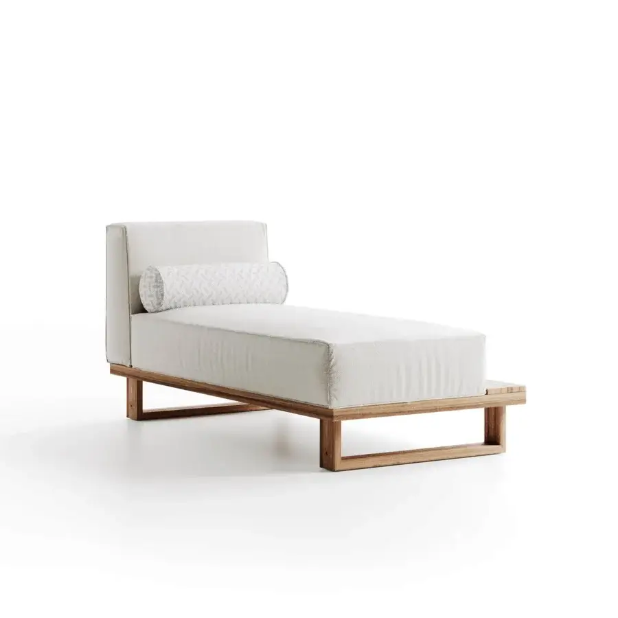 Refined Atmosphera 9.Zero chaise lounge crafted in solid Asian Teak with neutral beige textile and smooth satin finish