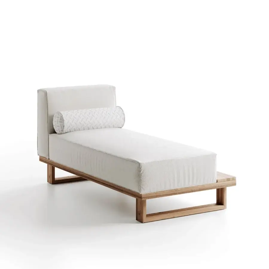 Exceptional Atmosphera 9.Zero chaise lounge built with solid Asian Teak and light beige textured fabric, showcasing a smooth satin finish