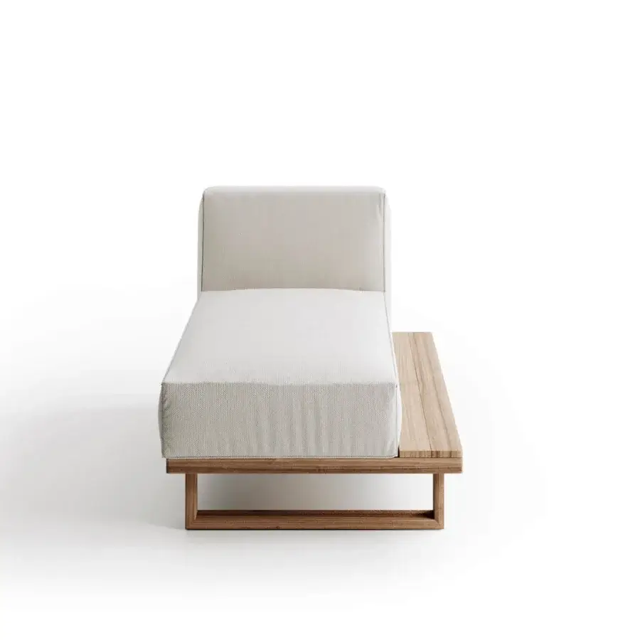 Distinguished Atmosphera 9.Zero chaise lounge built with solid Asian Teak and comfortable neutral beige textile cushioning with satin finish