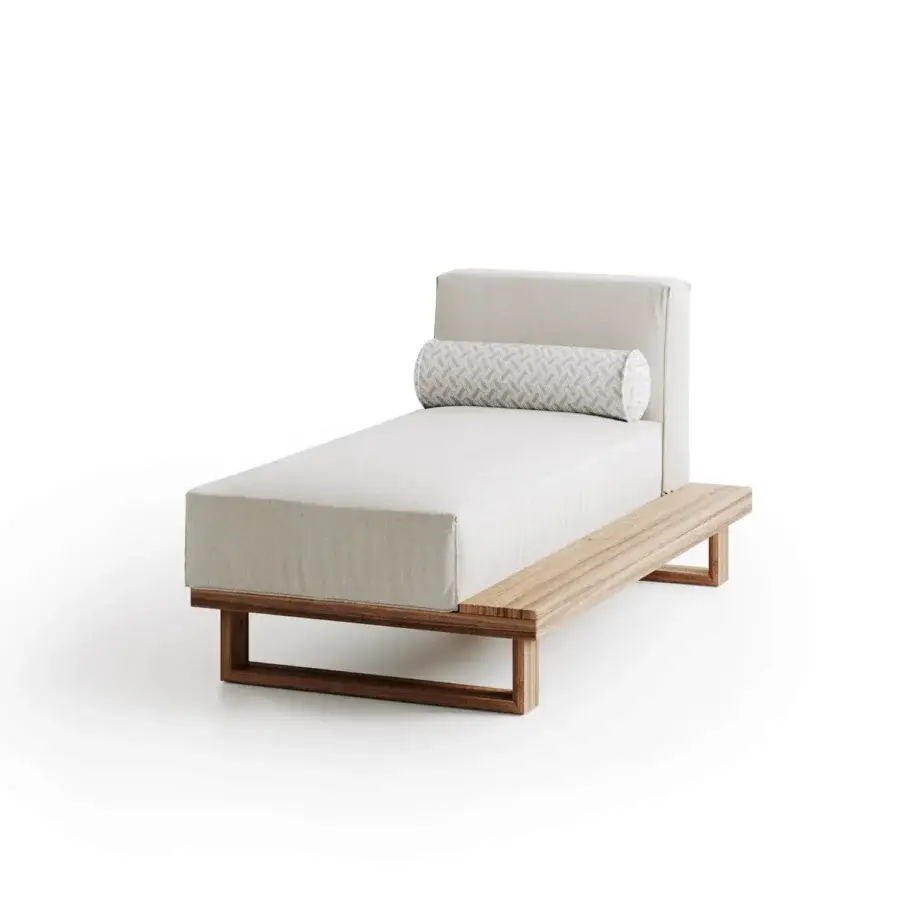 Superior Atmosphera 9.Zero chaise lounge built with solid Asian Teak and light neutral textile upholstery with satin finish