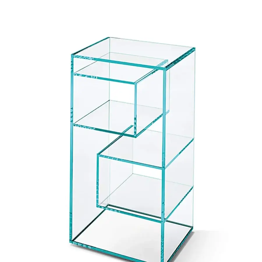 Superior Tonelli Design Liber bookcase crafted in extra clear glass with smooth glossy finish and subtle turquoise edges