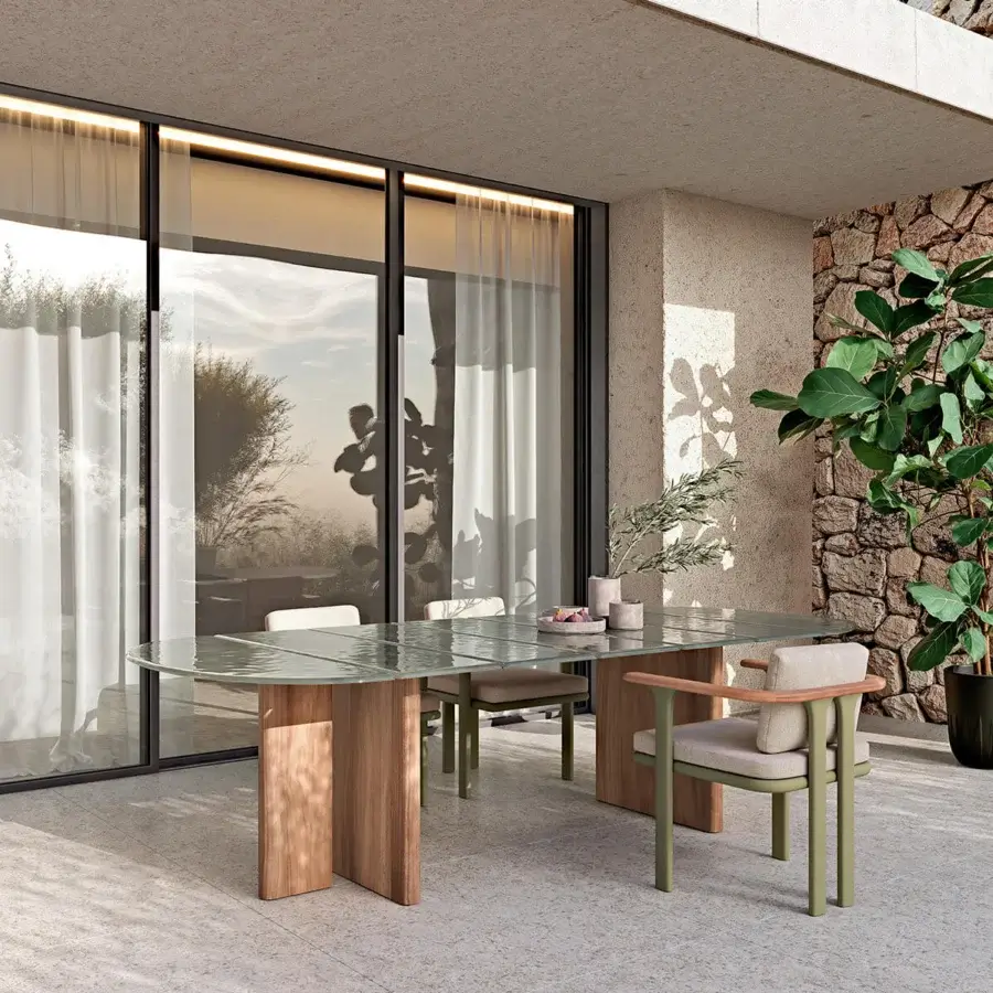 Exceptional Atmosphera Materia table built with Asian Teak double bases and subtly textured glass establishing a refined aesthetic
