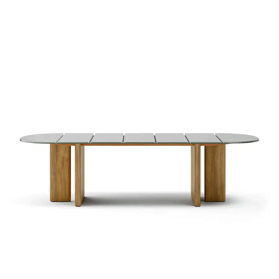 Exceptional Atmosphera Materia table with clear textured glass and a solid Asian Teak base showcasing natural grain
