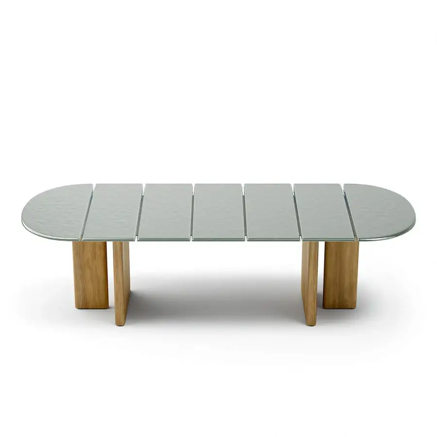 Superior Atmosphera Materia table with slightly textured glass and solid Asian Teak legs in balanced contemporary design