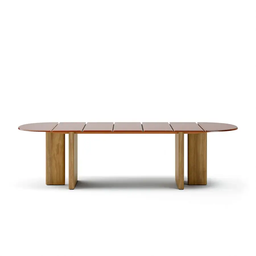 Distinctive Atmosphera Materia table with luminous glass top and satin finish solid Asian Teak double bases