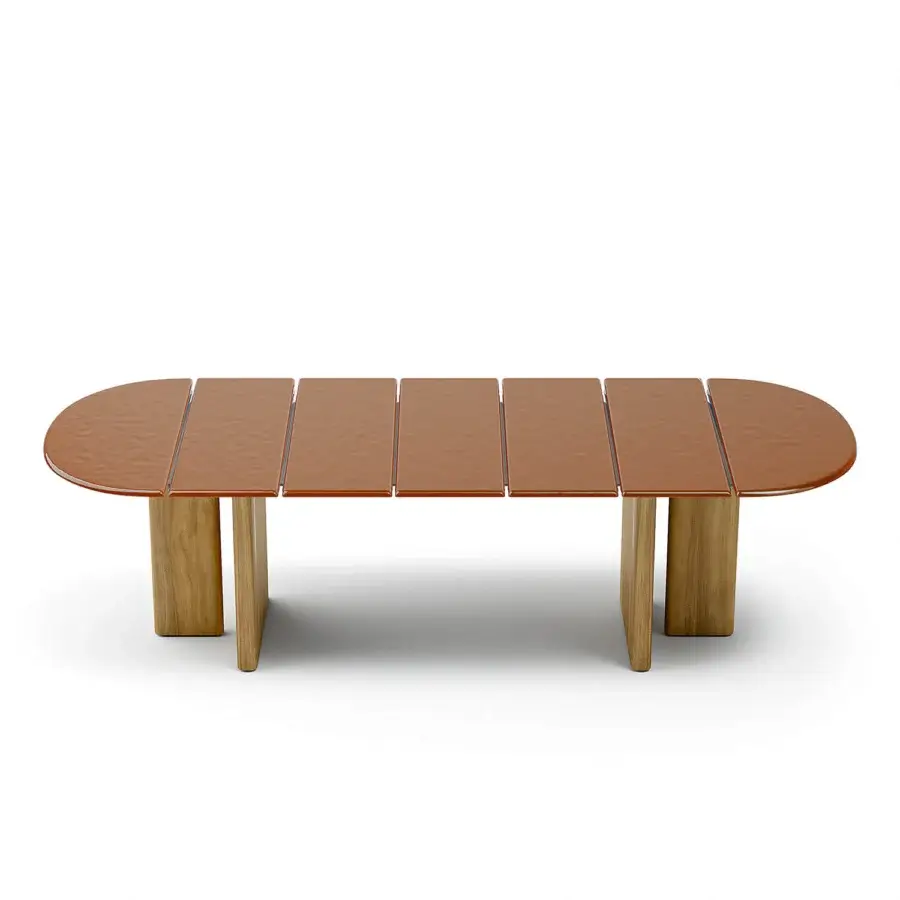 Cutting-edge Atmosphera Materia table with textured glass top and satin finish solid Asian Teak base