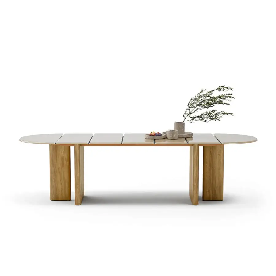 Elegant Atmosphera Materia table with subtly textured glass top and satin finish solid Asian Teak base