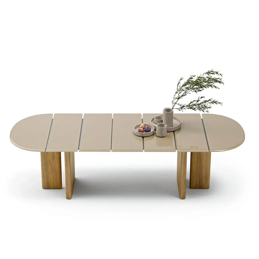 Superior Atmosphera Materia table with textured glass top and solid Asian Teak base exhibiting a luminous beige tone