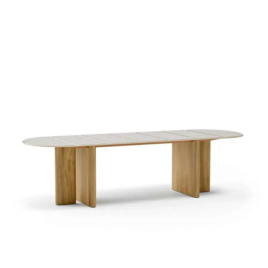 Cutting-edge Atmosphera Materia table with subtly textured glass top and solid Asian Teak base in light-to-medium brown tones