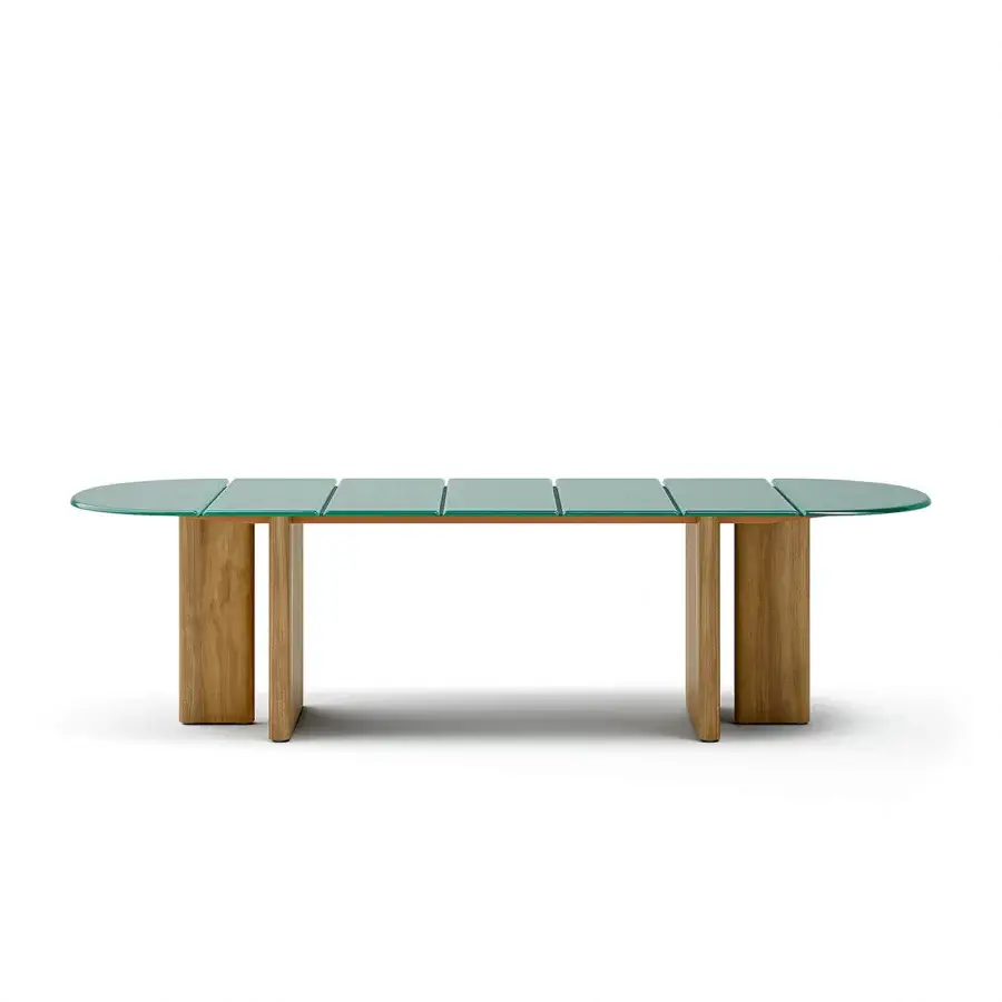 Distinctive Atmosphera Materia table with a green-tinted glass top and satin finish solid Asian Teak base