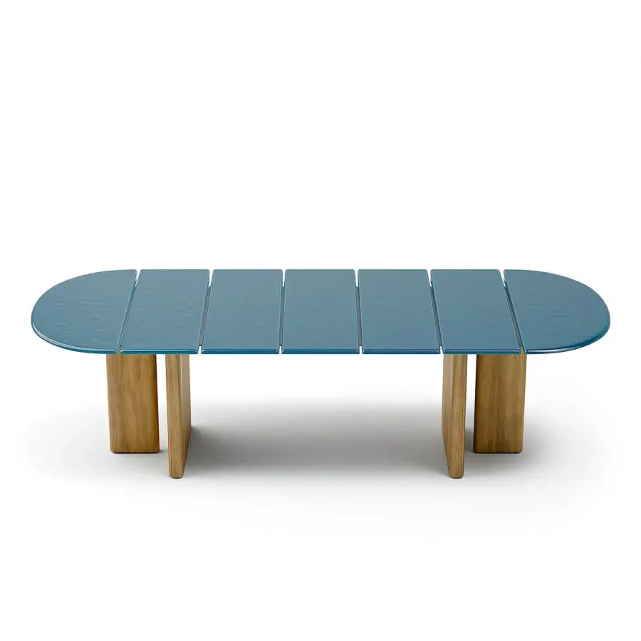 Superior Atmosphera Materia table with teal blue glass tabletop and satin finish Asian Teak legs