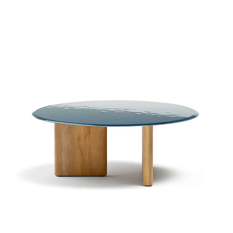 Superior Atmosphera Materia coffee table built with teal glazed lava stone and satin finished Asian Teak