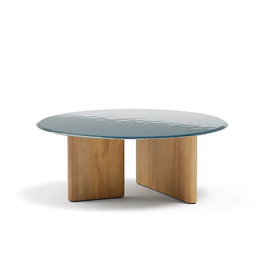Distinctive Atmosphera Materia coffee table crafted with teal glazed lava stone and satin finish Asian Teak, embodying Italian design