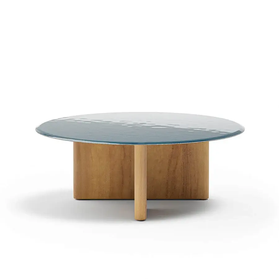 Exceptional Atmosphera Materia coffee table with glossy glazed lava stone in swirling blue and teal, built with satin Asian Teak