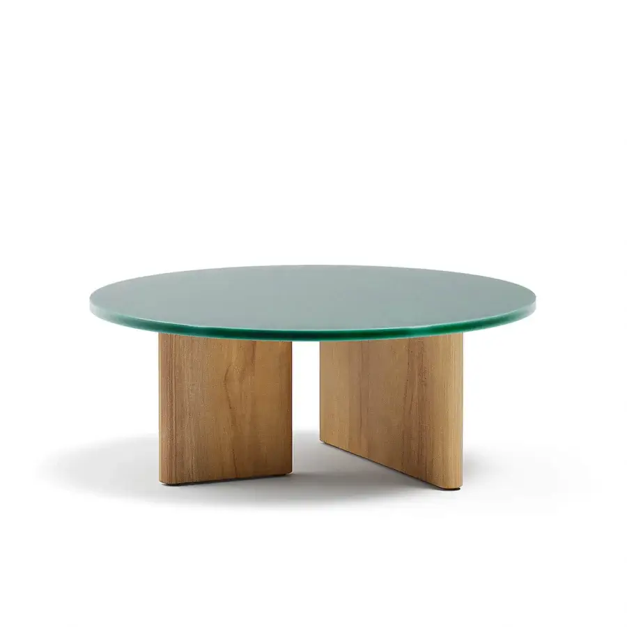 Superior Atmosphera Materia coffee table with glossy glazed lava stone and sculpted solid Asian Teak base