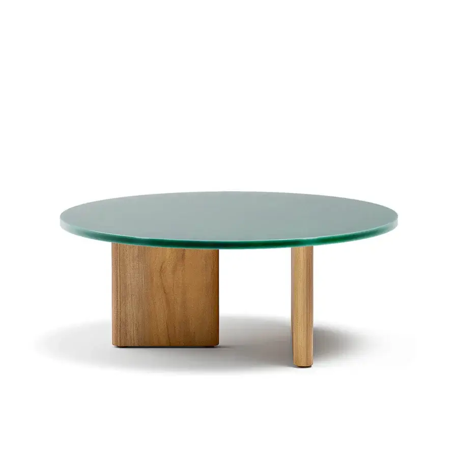Distinctive Atmosphera Materia coffee table with glossy glazed lava stone top and satin finished solid Asian Teak base
