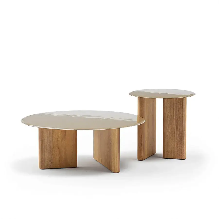 Elegant Atmosphera Materia coffee table with sculpted Asian Teak base and glossy glazed lava stone top