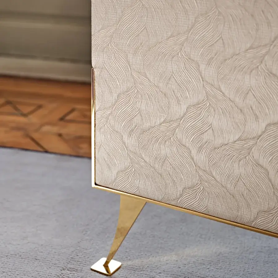 Exclusive Black Tie Aliseo room divider crafted in textured light beige fabric with satin gold-toned metal perimeter