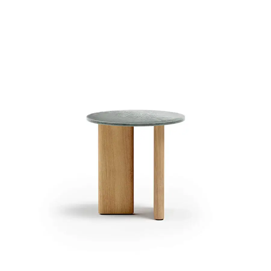 Exceptional Atmosphera Materia side table with a sculpted solid Asian Teak base and glossy glazed teal lava stone tabletop in satin finish