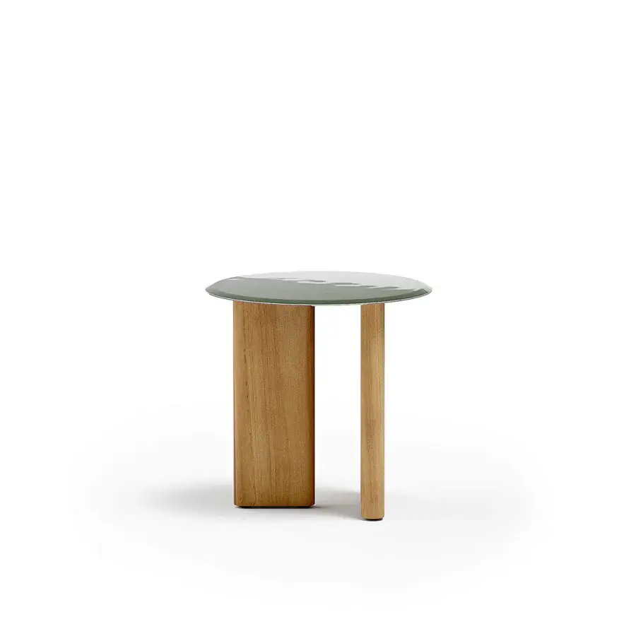 Elegant Atmosphera Materia side table with a sculpted base of solid Asian Teak and glossy glazed green lava stone tabletop