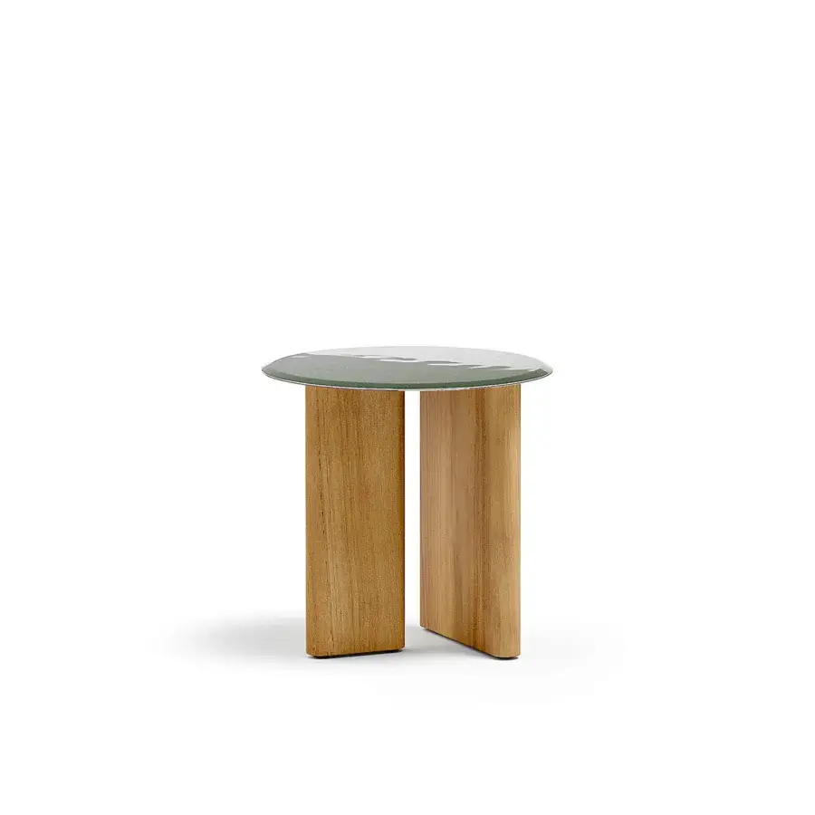 Superior Atmosphera Materia side table crafted with solid Asian Teak and glossy glazed lava stone offering a harmonious contrast in form