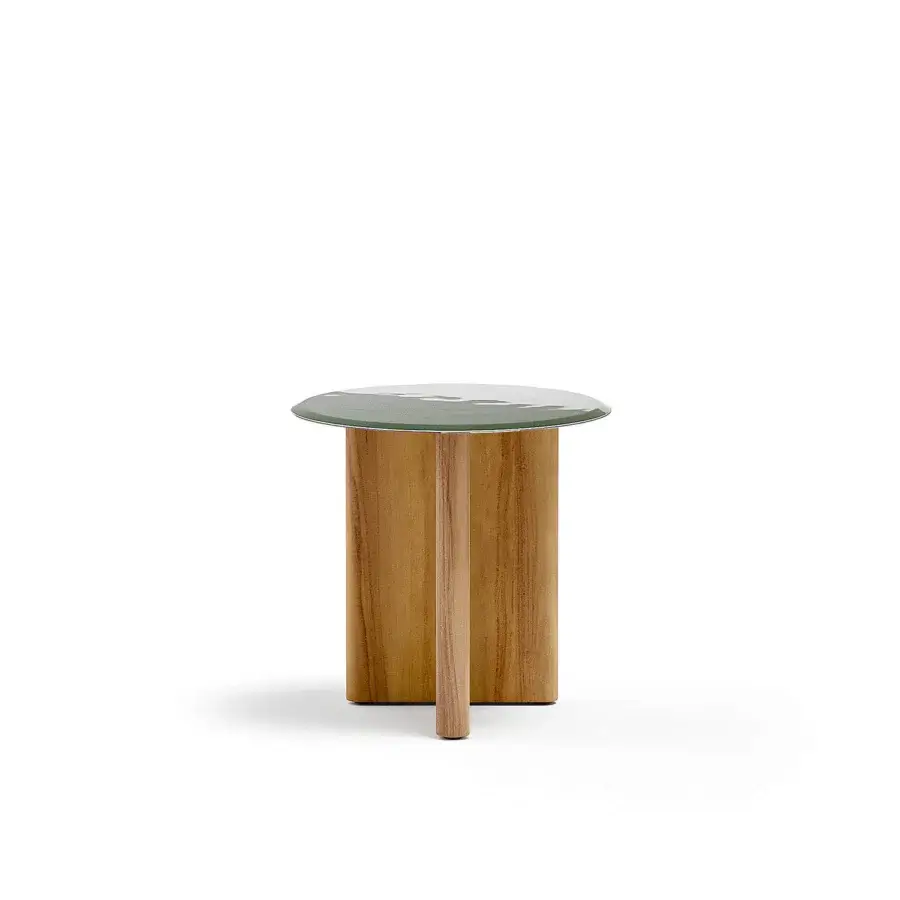 Distinguished Atmosphera Materia side table built with solid Asian Teak and glossy glazed lava stone in a vibrant green hue with satin finish
