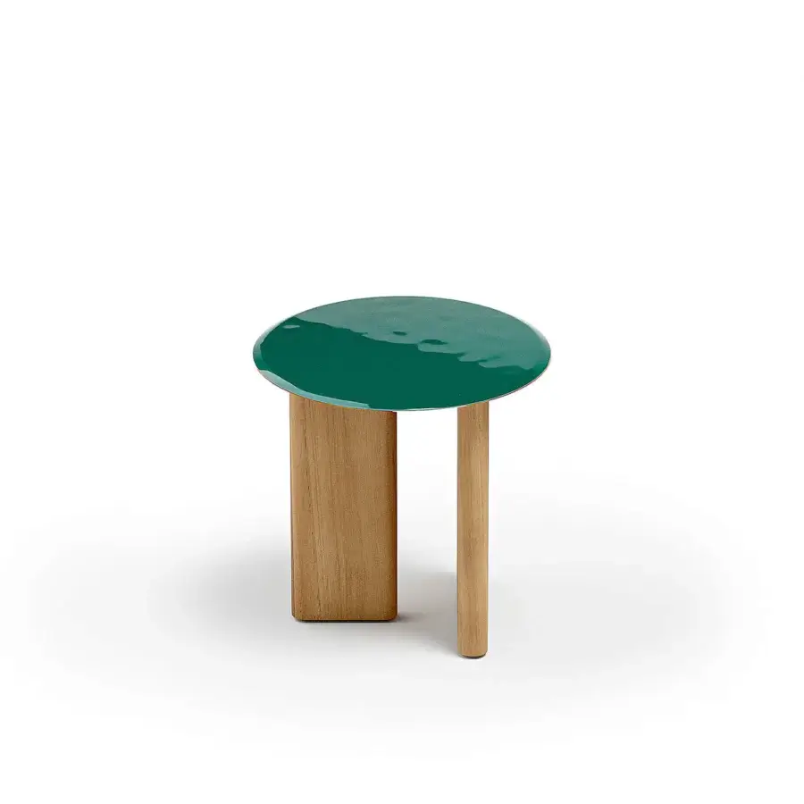 Exceptional Atmosphera Materia side table crafted with glossy glazed lava stone and satin finished solid Asian Teak legs