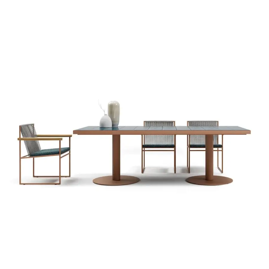 Distinguished Atmosphera Pantagruel table with dark glazed ceramic surface and reddish-brown solid aluminum base